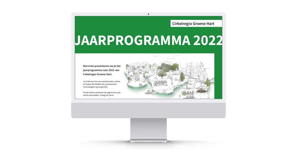 mockup van het jaarprogramma van Cirkelregio Groene Hart op een iMac