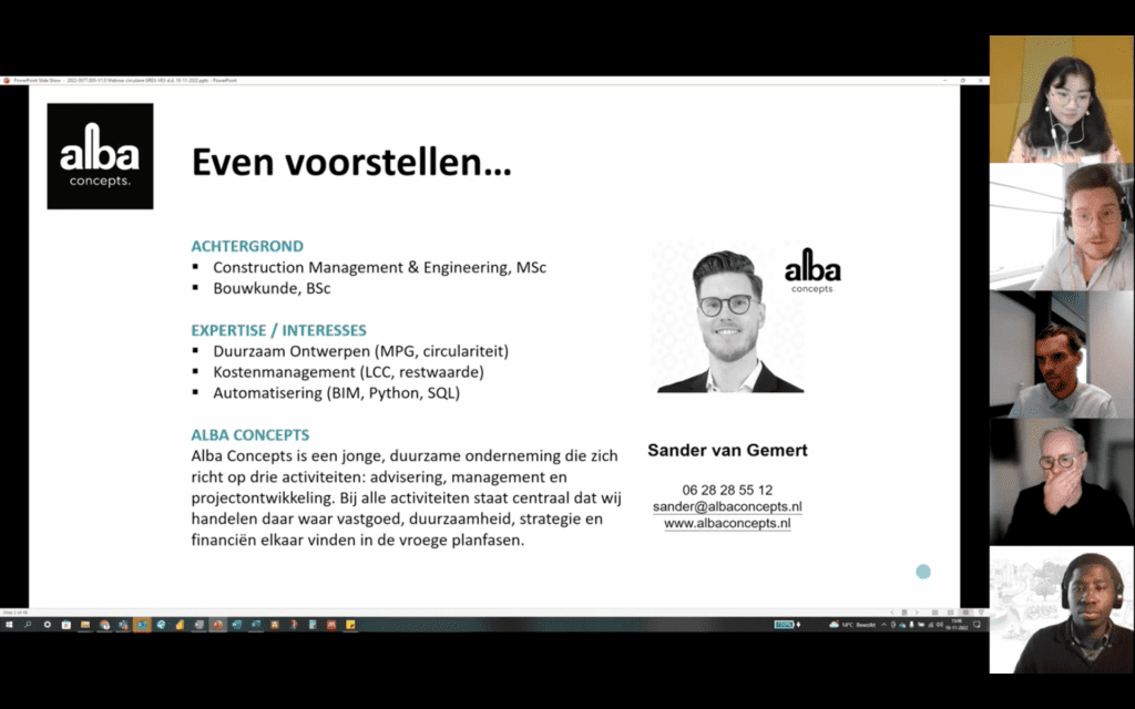screenshot uit de online sessie van Cirkelstad; presentatie van Sander van Gemert van Alba Concepts.